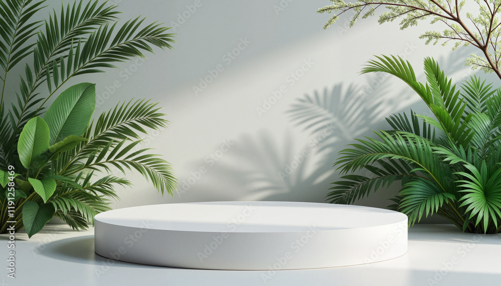 Modern white circular platform surrounded by lush green plants in bright daylight with soft shadows Modern white circular platform surrounded by lush green plants in bright daylight with soft shadows