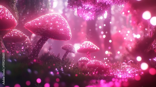 Sparkling Pink Mushrooms in a Magical Forest
