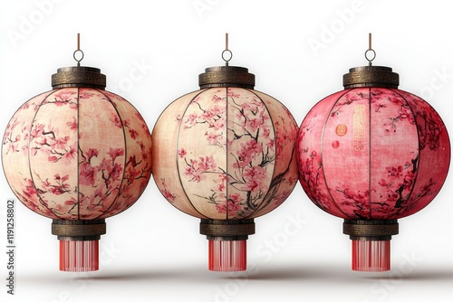 Three Beautifully Designed Lanterns with Cherry Blossom Patterns on a White Background for Decoration and Festive Occasions