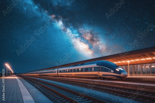 Modern high-speed train departing from an illuminated station, racing under the stunning milky way at night, capturing the essence of travel, technology, and future adventures