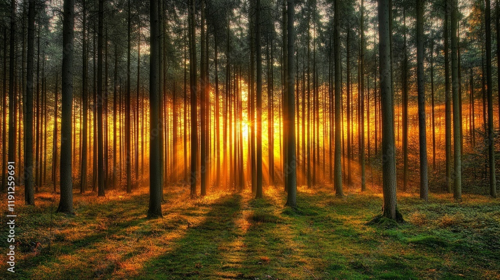 Fototapeta premium Golden Sunset Rays Illuminate Dense Forest Trees