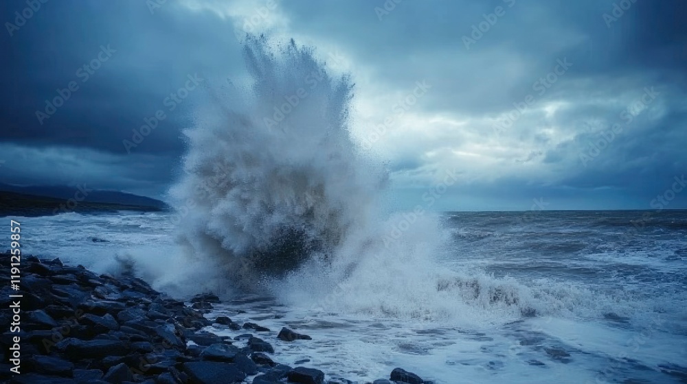 Obraz premium Dramatic Ocean Wave Crashing Against Rocky Shore