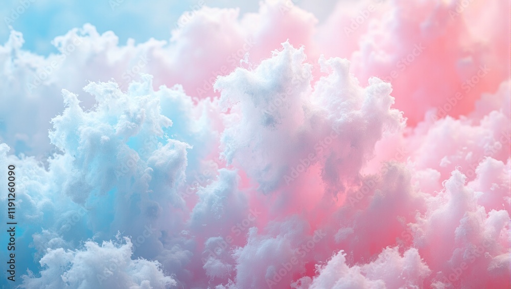 Fototapeta premium Pastel pink and blue cotton candy strands glimmer under bright carnival lights stretching and breaking apart