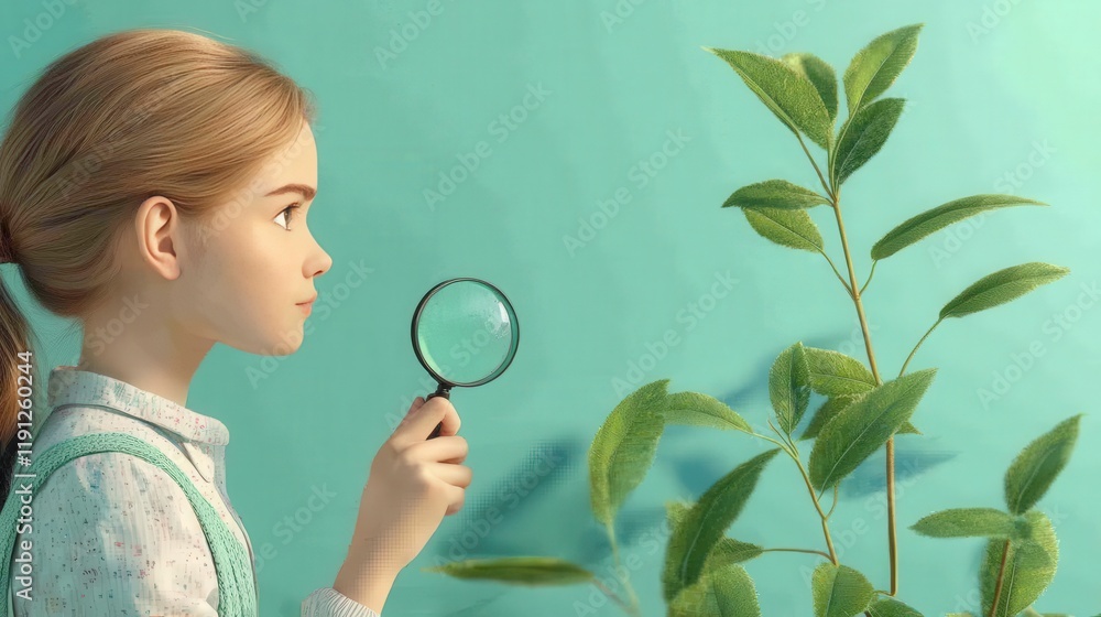 Girl examining a plant with a magnifying glass Girl examining a plant with a magnifying glass