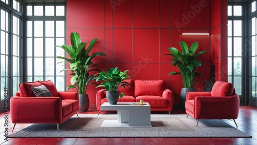 Modern cozy living room interior with red wall, sofa with indoor plant.