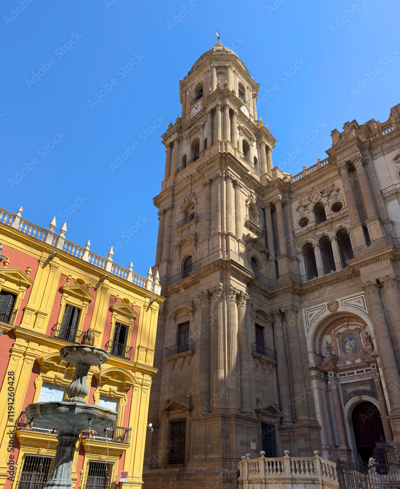 view to the catholic cathedral Santa Iglesia Catedral Basílica de la Encarnación, the Fuente Plaza del Obispo fountain and Centro Cultural Fundación Unicaja de Málaga museum, Costa del Sol, Andalusia view to the catholic cathedral Santa Iglesia Catedral Basílica de la Encarnación, the Fuente Plaza del Obispo fountain and Centro Cultural Fundación Unicaja de Málaga museum, Costa del Sol, Andalusia