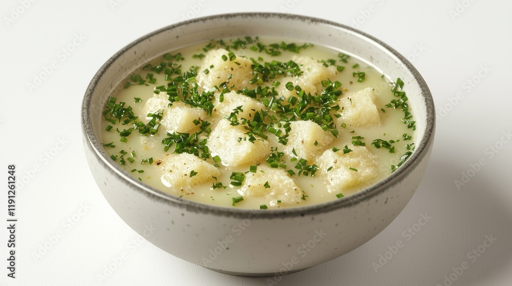 Hearty soup bowl isolated on white background food minimalist setting close-up comfort food concept Hearty soup bowl isolated on white background food minimalist setting close-up comfort food concept