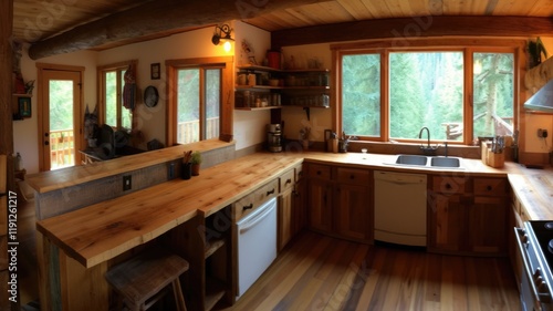 authentically designed kitchen with wooden furniture photo