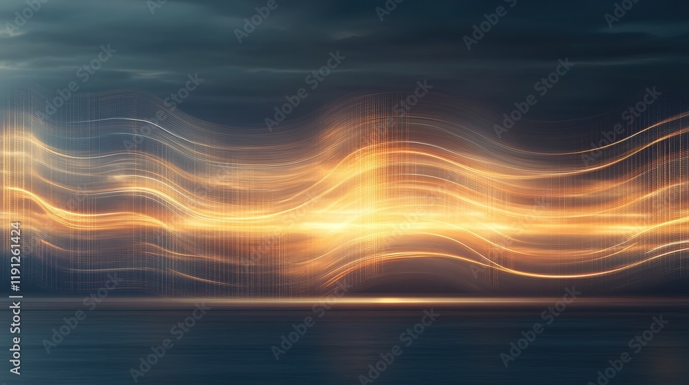 Obraz premium Abstract waves of pulsating light over calm ocean at sunset