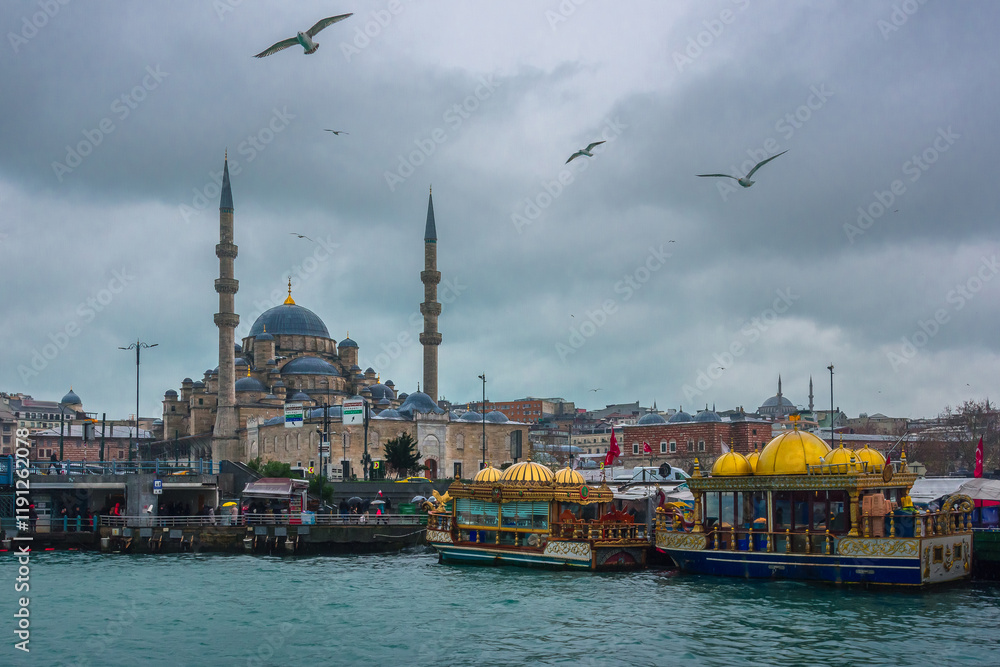 Yeni Cami or New Mosque or Valide Sultan Camii Mosque, an Ottoman imperial mosque situated at old town eminonu near egyptian bazaar, Instabul, Turkey.