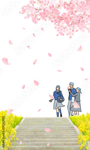 桜の木と菜の花咲く土手沿いを歩く学生男女ー土手に階段ー卒業入学ーベクターイラスト白バック背景素材