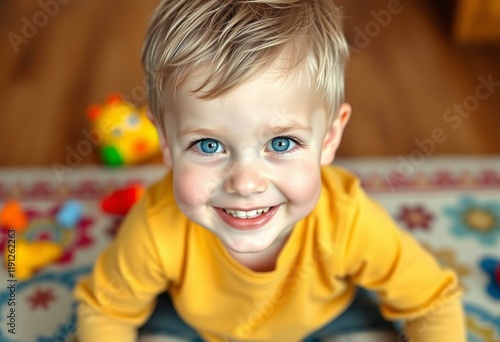 A young boy with bright blue eyes and a bright smile sitting on a colorful rug