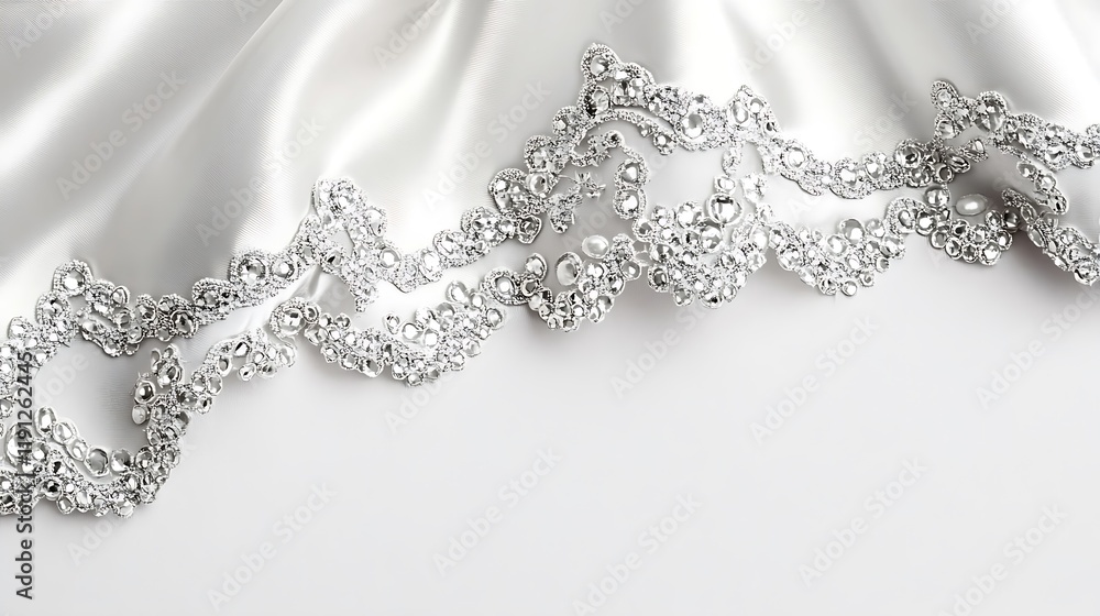 Fototapeta premium Silver Rhinestone Lace on White Satin Fabric