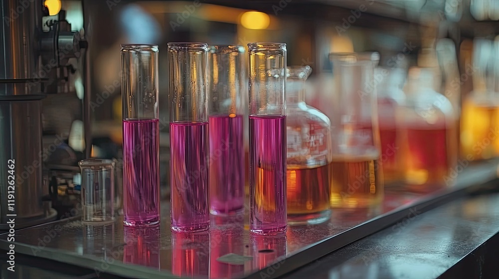 Laboratory Test Tubes Filled With Pink Liquid Samples Laboratory Test Tubes Filled With Pink Liquid Samples