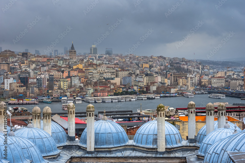 Panoramic view of Istanbul, Turkey. Istanbul through the domes and chimneys of the Suleymaniye Complex