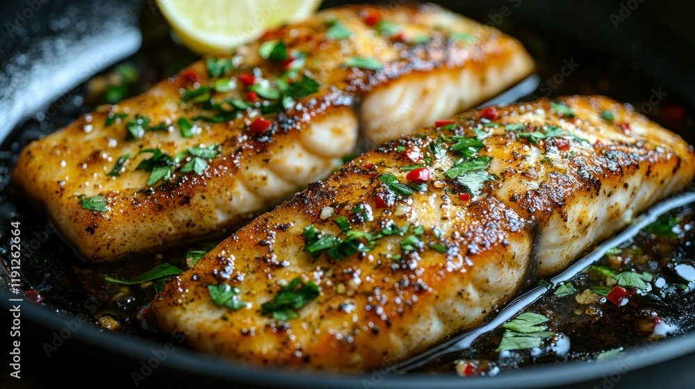 Two seasoned salmon fillets garnished with herbs and lemon. Two seasoned salmon fillets garnished with herbs and lemon.