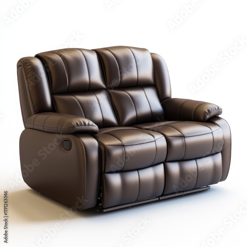 Brown leather recliner sofa, two seats, tufted, modern design, isolated on white background. photo