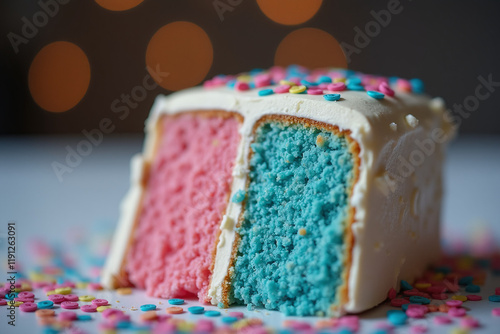 A vibrant gender reveal cake with pink and blue layers, topped with white frosting and colorful sprinkles. Gender reveal party. Baking. Cake