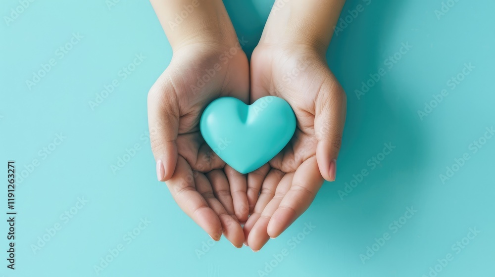 Fototapeta premium Female hands on a blue background holding a blue heart. The concept of donations and family insurance, World Heart Day. valentine's day.