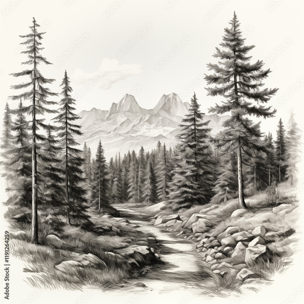 Fototapeta premium Mountain landscape with a river, mountain peaks, spruce forest at the foot of the mountains, coniferous trees, icon, simple black and white sketch, painting, image for printing on a t-shirt