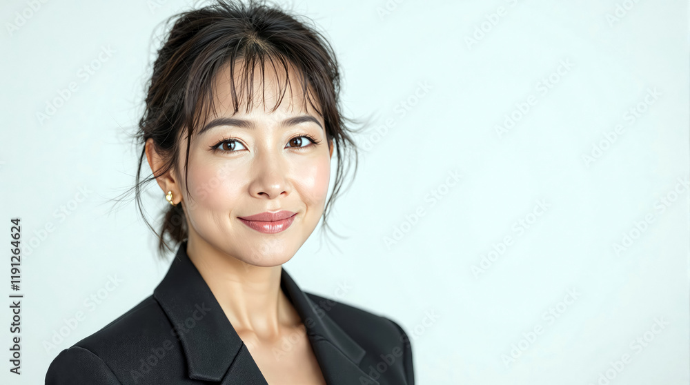 Portrait of smiling Asian young woman in black blazer against light gray background copy space for text