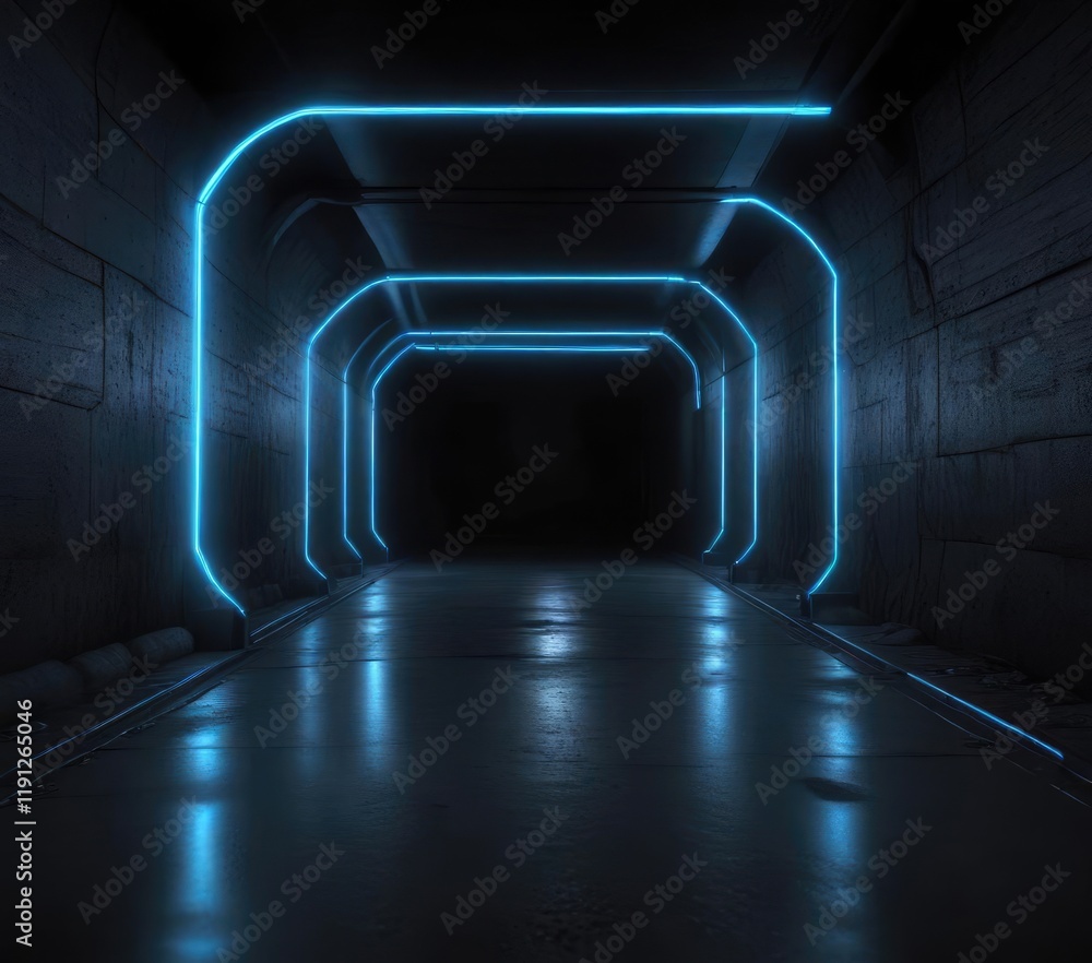 A dark tunnel illuminated by soft blue neon lights , foggy surroundings, soft blue glow A dark tunnel illuminated by soft blue neon lights , foggy surroundings, soft blue glow