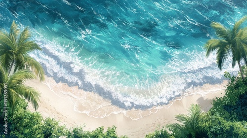 A serene beach scene with clear turquoise waters and lush palm trees.