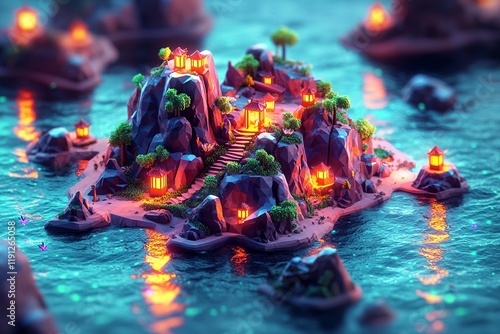 A vibrant isometric, illuminated island landscape with rocky terrain and glowing lanterns by the water.
