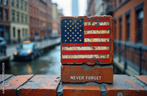 American flag painted on weathered brick in New York City. Memorial tribute to September 11th. Urban setting with canal waterway in background. Cityscape with old buildings. Message of never
