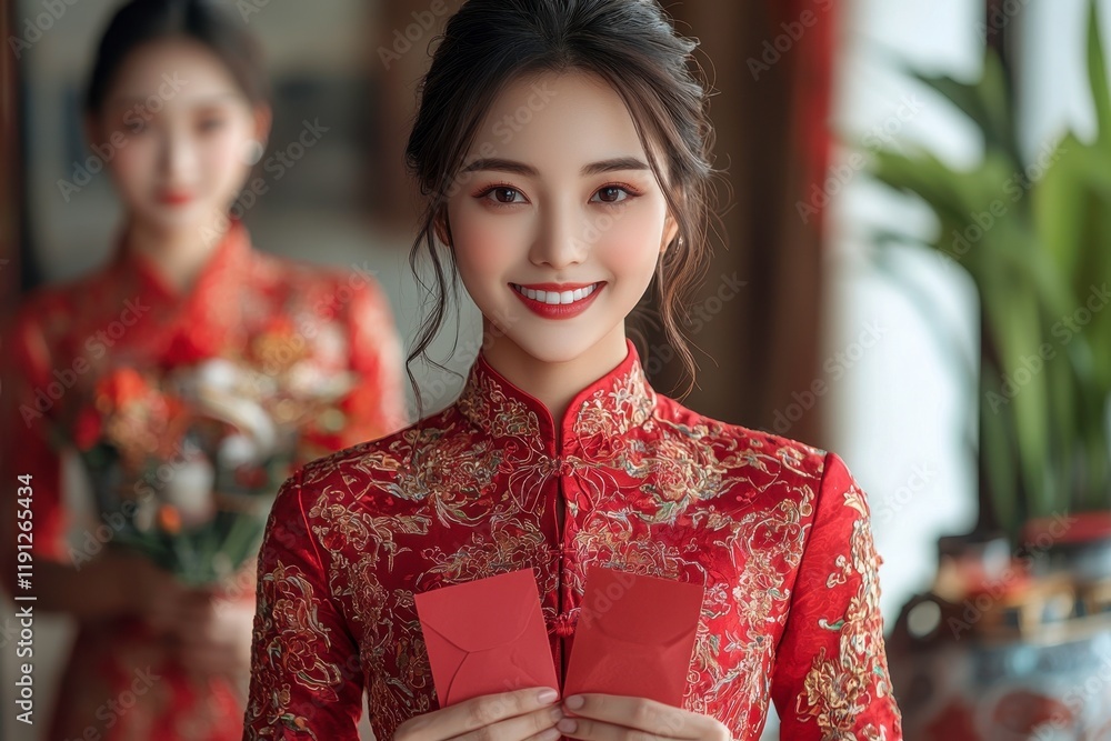 Elegant Woman in Traditional Red Dress Holding Red Envelopes with Floral Arrangement in Background, Celebrating Cultural Festival with Joyful Expression Elegant Woman in Traditional Red Dress Holding Red Envelopes with Floral Arrangement in Background, Celebrating Cultural Festival with Joyful Expression