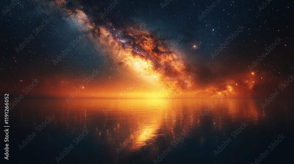 Fototapeta premium Milky Way galaxy over calm, orange-hued ocean.