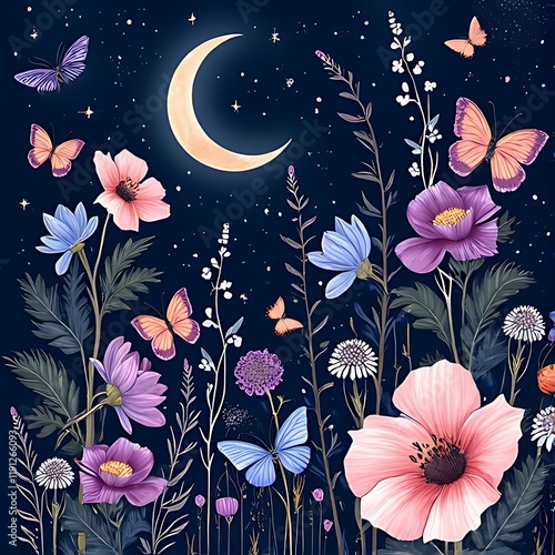 Gothic garden pattern with butterflies, moths, flowers, crescent moon seamless texture