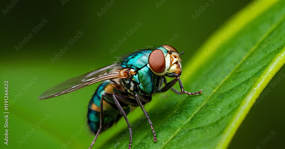 A detailed close-up of a colorful fly perched on a green leaf, showing off its intricate features.