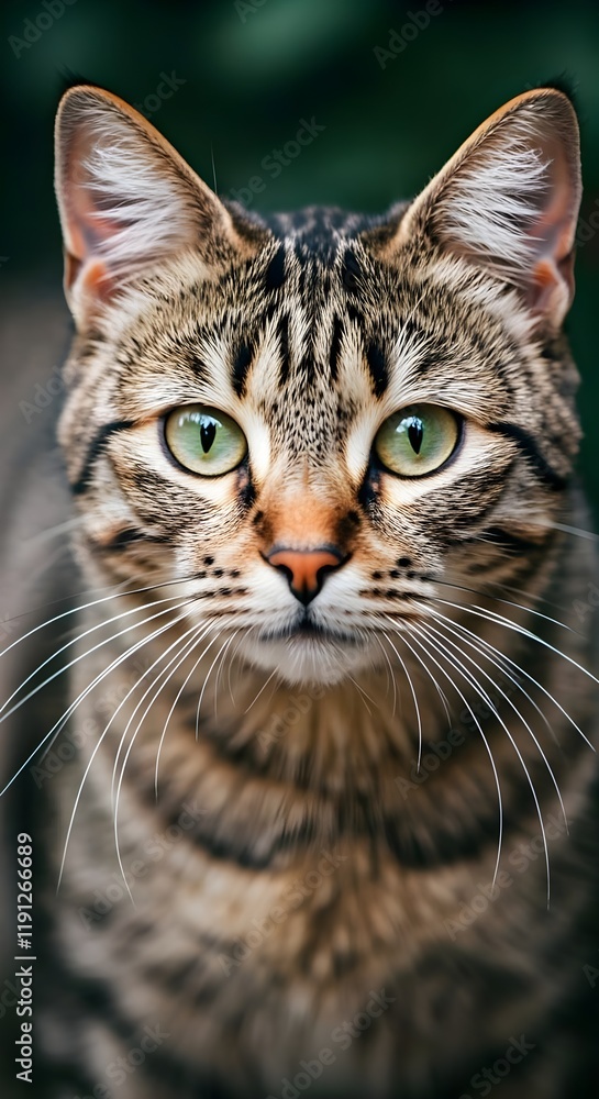 A portrait of an American Shorthair cat with green eyes, striped fur pattern, and medium length hair A portrait of an American Shorthair cat with green eyes, striped fur pattern, and medium length hair