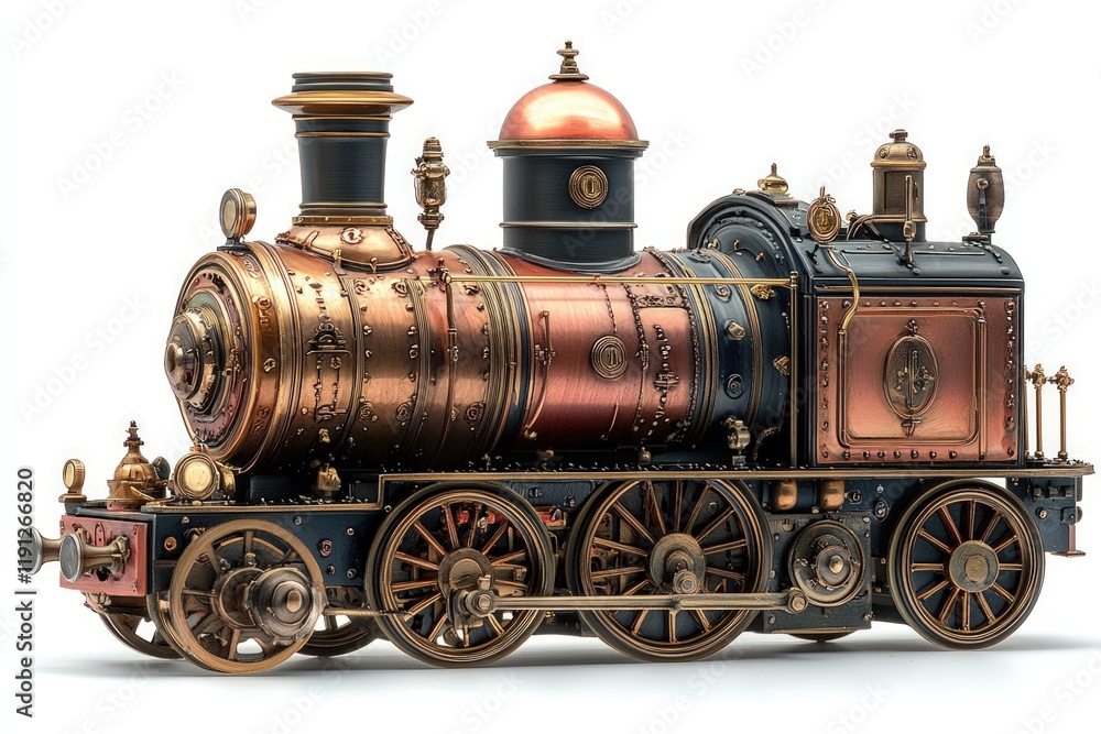 Ornate copper and black steam locomotive model. Ornate copper and black steam locomotive model.