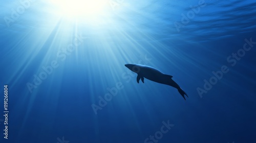 Sun rays filtering through the water surface illuminating a dolphin swimming in the deep blue ocean, creating a peaceful and inspiring underwater scene photo