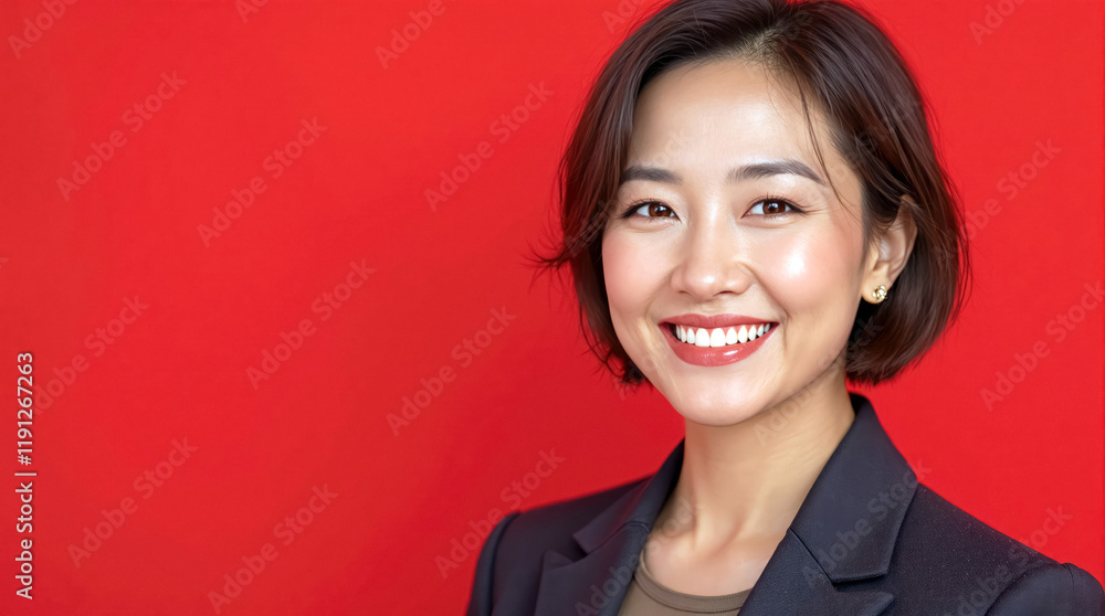 Smiling Asian businesswoman against vibrant red background copy space Smiling Asian businesswoman against vibrant red background copy space