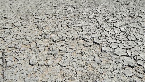 Dry desert creek with cracked mud patterns in beige and gray tones under the midday sun photo