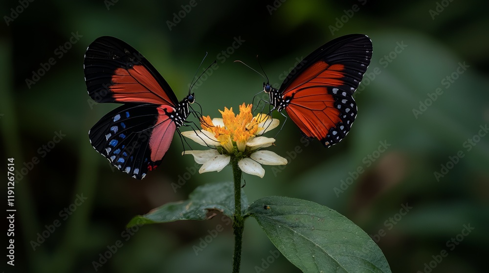 Fototapeta premium Two butterflies with orange and black wings perch on a white flower, their wings almost touching.