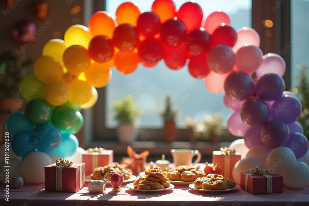 Naklejka premium A cheerful rainbow balloon arch above a festive table with gifts, pastries, and colorful decor, creating a lively celebration ambiance. Birthday. Party. Christening. Anniversary. Event