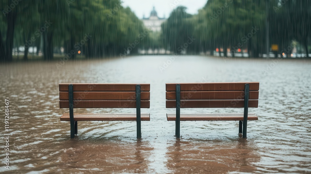 City park flooded with torrential rain, paths submerged, and benches barely visible, urban impact, poignant