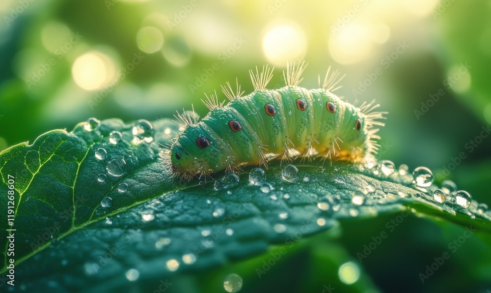Green caterpillar on dewy leaf, sunlight. Green caterpillar on dewy leaf, sunlight.