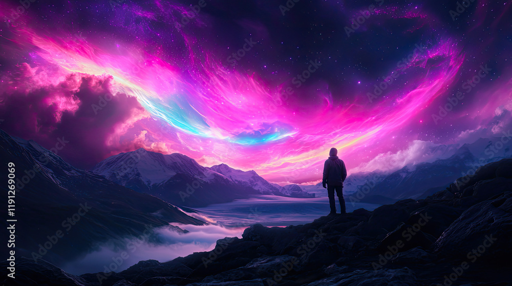 Fototapeta premium Silhouetted Person Observing Vibrant Aurora over Mountainous Landscape at Night