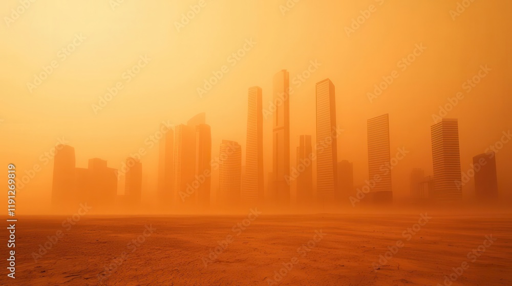 Obraz premium City under a massive sandstorm, buildings fading into golden haze, natures dominance, atmospheric imagery