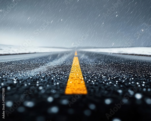 Hailstorm pelting an empty road, icy projectiles visible in midair, highspeed impact, detailed realism photo