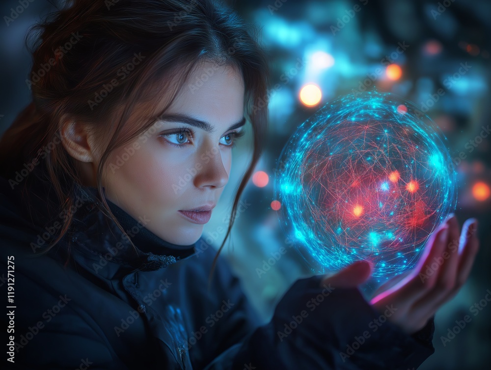 Naklejka premium Woman with Virtual Reality Hologram Sphere