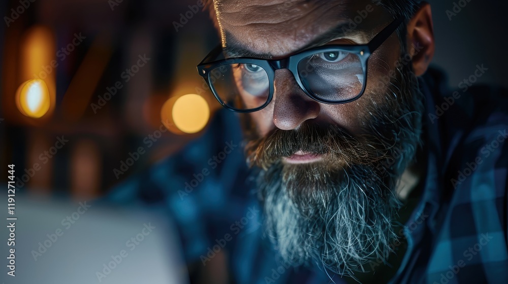 Focused bearded man with stylish glasses working on a laptop in the office Focused bearded man with stylish glasses working on a laptop in the office