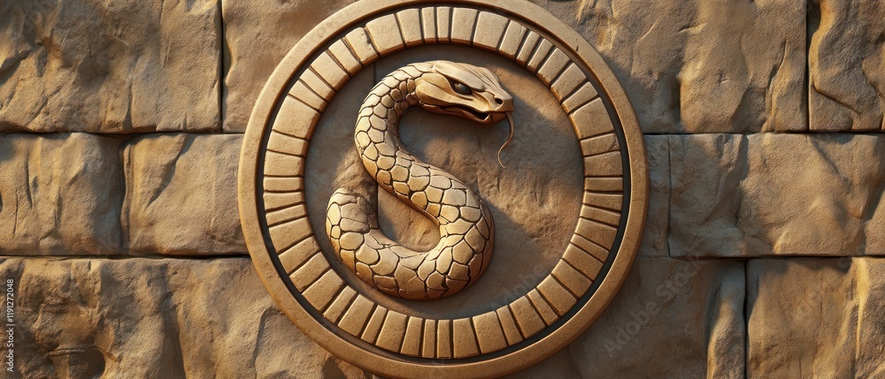 Naklejka premium A bronze snake sculpture with an ornate circular frame on a stone wall.