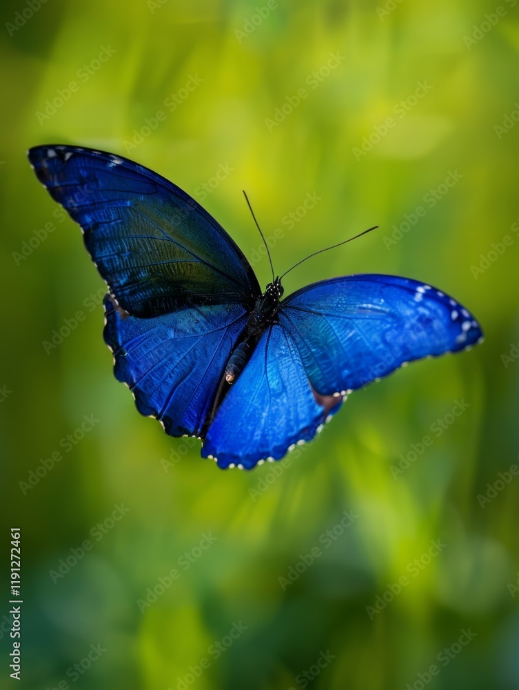 Blue Butterfly Spreading Its Wings Against a Lush Green Background Blue Butterfly Spreading Its Wings Against a Lush Green Background