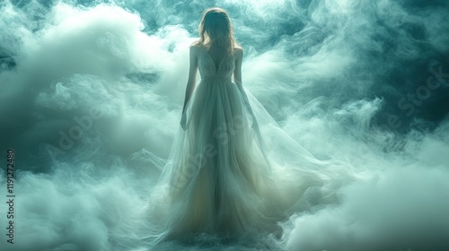 Woman in white gown amidst ethereal smoke.